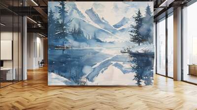 07250736 17. A detailed watercolor landscape banner featuring a winter scene with towering mountains and a calm lake Wall mural