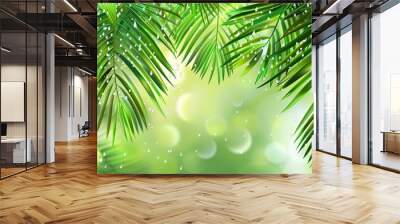 07250736 62. Detailed illustration of bright green palm leaves adorned with sparkling raindrops, set against a natural summer daylight backdrop, evoking a lush and tropical atmosphere Wall mural