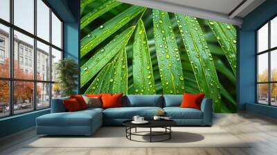 07250736 63. Close-up of exotic green palm leaves with shimmering raindrops, captured in the soft light of a summer day, creating a vivid and refreshing natural wallpaper Wall mural