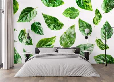 1. High-resolution image of flying green leaves gracefully scattered and isolated on a pristine white background, each leaf detailed with intricate veins and natural variations in color and shape Wall mural