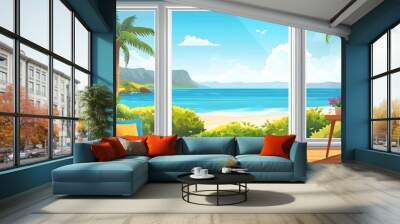 10. Views from cozy homes. Look out from open windows set. Beautiful nature and city landscapes, sea beach, countryside, field, mountain outside, windowsills, tables inside. Flat vector Wall mural