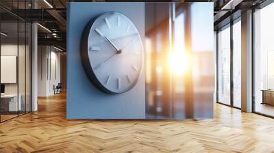 103. Detailed view of a wall clock with running time pointers, reflecting the sky and sun, illustrating the concept of time passing by in a minimalistic and elegant manner Wall mural