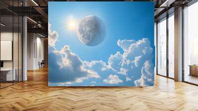 11. A captivating celestial landscape featuring a new moon illuminated by the sun light, set against a vibrant blue sky with fluffy white clouds Wall mural