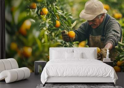 112. Detailed shot of a gardener harvesting ripe oranges in a tangerine garden, surrounded by abundant fruit and healthy green foliage, capturing the essence of farming and harvest Wall mural