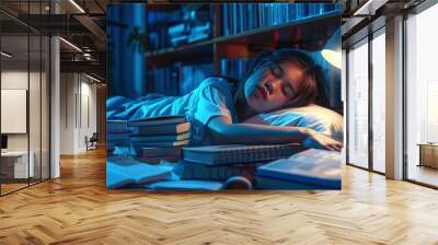 133. Exhausted student asleep on a pile of textbooks, with a study lamp casting a soft glow in a quiet study area Wall mural