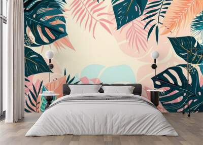 143. Vector illustration of creative summer backgrounds, highlighting tropical palm leaves in a modern abstract style. The bright covers set includes trendy minimal designs with jungle and beach Wall mural