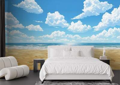 156. Bright and cheerful vector illustration of a summer beach scene with a clear blue sky, fluffy clouds, and golden sand, perfect for background and wallpaper designs Wall mural