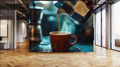 161. Close-up of a moka pot pouring coffee into a cup, with a barista hand steadying the pot and steam rising from the freshly brewed coffee Wall mural