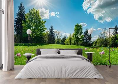 2. Bright spring landscape, lush green grass field, Easter eggs in various colors nestled within the grass, vibrant flowers in the foreground, evergreen trees scattered in the background, clear blue Wall mural