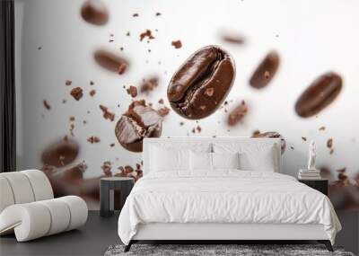 23. Dramatic close-up of a coffee bean explosion, with pieces and whole beans frozen in mid-air, isolated on a clean white backdrop Wall mural