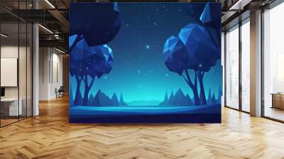 2408 104.A vector illustration featuring a minimalist geometric forest scene at night, with stylized trees and a dark blue sky. The polygonal shapes and flat design give the landscape a modern, sleek Wall mural