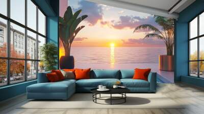 2408 20.A tropical summer product display setup with a podium stand by the edge of a luxury swimming pool. The sea stretches out to meet the setting sun, casting a warm, golden glow across the scene, Wall mural