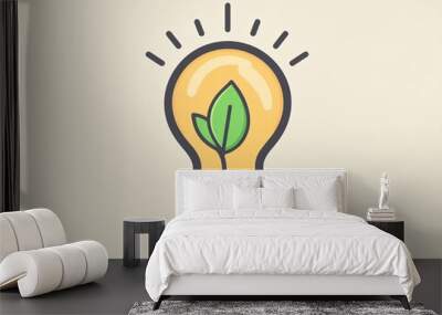 2408 59.A minimalist icon of a light bulb with a single green leaf intertwined, symbolizing the connection between renewable energy and environmental sustainability. The clean design promotes Wall mural