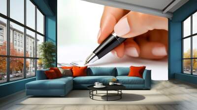 2408 62.A close-up of a female hand holding a sleek black pen, signing a legal contract on a clean white sheet of paper. The hand is mid-motion, as the pen tip touches the document, emphasizing the Wall mural