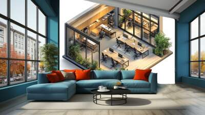 2408 65.A 3D-rendered isometric office view, showing a working area with shared desks, computers, and a manager's office with large windows and stylish furniture. The open-plan design encourages Wall mural