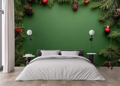 2408 91.A green Christmas background featuring lush fir branches adorned with holiday decorations. The branches frame the composition, leaving ample copy space in the center for a holiday message or Wall mural