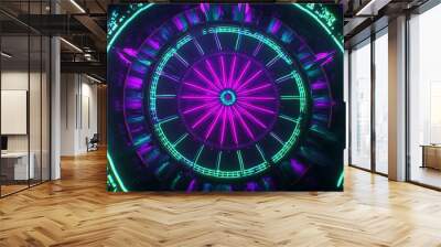 2410 4.Radiant neon dartboard against a dark, shadowy backdrop, the intricate details of the board glowing with bright purples and greens, casting subtle reflections on the surrounding surface. Wall mural