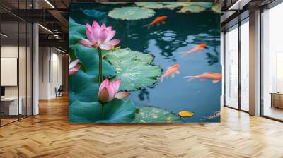 2410 50.A serene scene of a lotus pond filled with large green leaves, vibrant pink lotus flowers, and colorful fish swimming beneath the waterâ€™s surface. The aquatic plants create a natural frame Wall mural