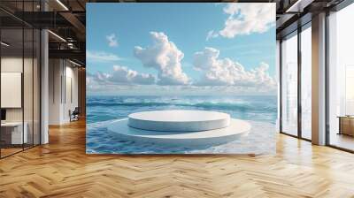 3. Elegant summer podium for product display, situated on a beach with a sea stand, blue sky, and water-themed platform, designed for beauty shop ads, travel banners, and cosmetic scenes Wall mural