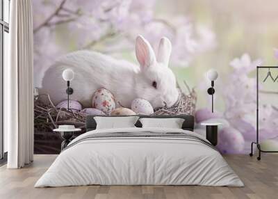 3. Fluffy white rabbit comfortably resting in a bird's nest filled with pastel-colored Easter eggs featuring floral patterns, soft lavender backdrop, bright and cheerful Easter setting, soft focus, Wall mural