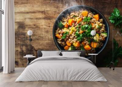 32. High-angle view of a wholesome dinner featuring a bowl of steaming organic farro grain, topped with roasted vegetables and fresh parsley, placed on a wooden surface Wall mural