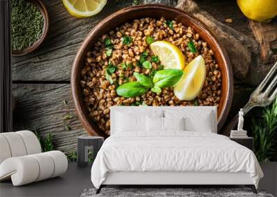 35. Close-up of a hearty dinner bowl filled with cooked organic farro, surrounded by fresh herbs and lemon wedges on a rustic wooden table Wall mural