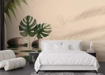 4. A detailed scene featuring smooth stones and a monstera leaf in calm water, set against a beige background, highlighting the natural textures and colors in a serene and elegant composition Wall mural