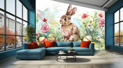 4. Delightful watercolor Easter scene with a mix of bright flowers, decorated eggs, and an adorable bunny, suitable for creating festive cards and invitations Wall mural