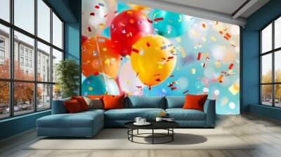 4. Vibrant celebration with colorful balloons floating upwards, yellow orange blue and red balloons, confetti falling, festive and joyful atmosphere, blurred background, soft focus, party Wall mural