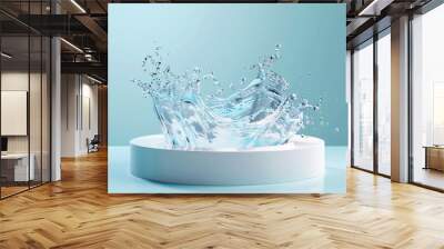 5. Cylindrical white podium with transparent water splash, liquid wave in dynamic motion, clear glass-like texture, light blue background, minimalist product display, high-speed photography, clean Wall mural