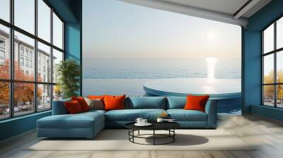 5. Modern glass podium set in the calm ocean waters, under a clear sky, capturing the essence of tranquility and natural beauty Wall mural