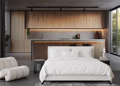 63. 3D render of a modern kitchen with natural wooden cabinets, stylish bar stools, and a minimalist design, highlighted by the contrast with the concrete floor Wall mural