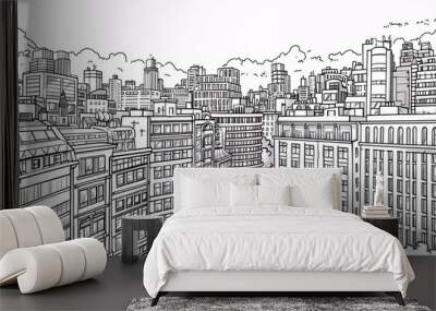 76. A complex line art illustration of a cityscape, capturing buildings, streets, and parks with fine details, ideal for background designs and material Wall mural