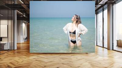 Woman young asian fat chubby cute beautiful smile happy fun enjoy relax freedom bikini swimwear body sexy plus size sea beach white sand clean blue sky calm nature ocean wave water travel on holiday Wall mural