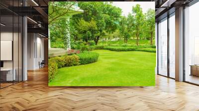 Modern house with beautiful landscaped front yard, Lawn and garden, Green lawn, Landscape formal, Front yard is beautifully designed garden., Design background. Wall mural