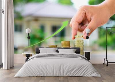 Male hand putting money coins to stack Wall mural