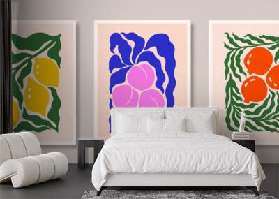 Abstract Floral Posters Set with Lemon, Pomegranate and Peach Fruits and Leaves . Modern Botanical Prints. Groovy Vector Wall mural