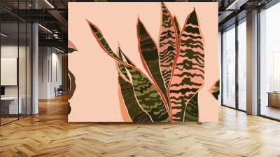 Art collage houseplant leaves in a minimal trendy style. Silhouette of sansevieria, Spathiphyllum and ficus plants in a contemporary simple abstract style on a pink background. Vector illustration Wall mural