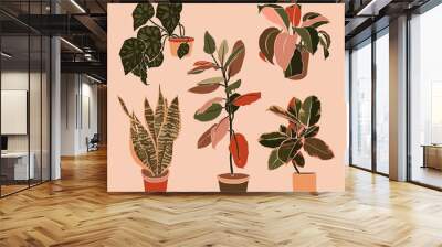 Art collage potted houseplants in a minimal trendy style. Silhouette of sansevieria, begonia and ficus plants. Vector Wall mural