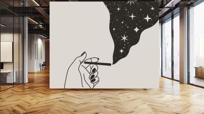 Mystical Female Hand holding cigarette with Moon and Stars in Trendy Boho Style. Vector illustration for wall print, t-shirt, tattoo Design, for social media post and stories Wall mural