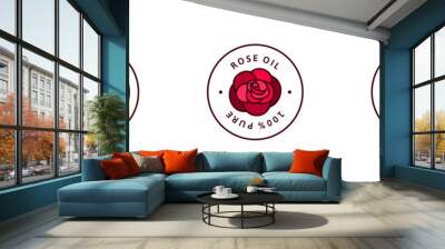 Rose essential oil icon set in trendy linear style. Vector round badge oils for aromatherapy. Logo template for cosmetics Isolated on white background Wall mural