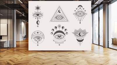 Set of Mystical Eyes, Sun and Moon Icons in a Trending Minimal Linear Style. Vector Isoteric Illustration for t-shirt Prints, Boho Posters, Cards, Covers, Logo Designs and Tattoos. Wall mural