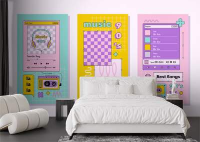 Vaporwave Music Template Social Media Stories. Retro Desktop with Frames, Playlist and Elements. Vector Background Wall mural