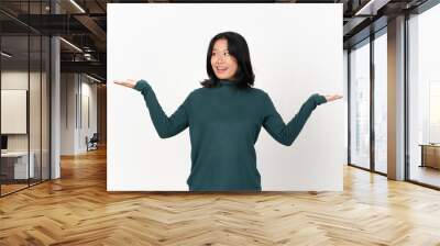 Showing Two Product on Open Palm Of Beautiful Asian Woman Isolated On White Background Wall mural