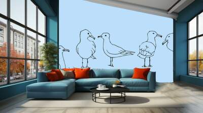 Hand drawn summer seaside horizontal seamless pattern. Sketch gull, seabird, flying seagull, anchor. Marine print in cartoon style. Doodle vector illustration. Sea, ocean, beach, sail. Border design
 Wall mural