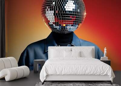 Surreal and artistic image featuring a person with a disco ball for a head. The subject is wearing a blue denim jacket over a white shirt Wall mural