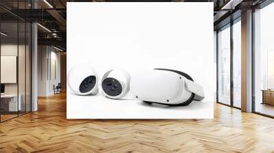 White new Oculus Quest 2 virtual reality headset on white background with optional Elite headstrap attached Wall mural