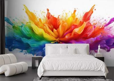 colorful watercolor splashes, explosion of pride rainbow paint isolate on white background Wall mural