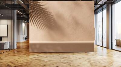 modest product placement in the background, with a palm shadow on a beige plaster wall. Interior planning for opulent summer homes. Mockup of a product platform stage in a bohemian Wall mural