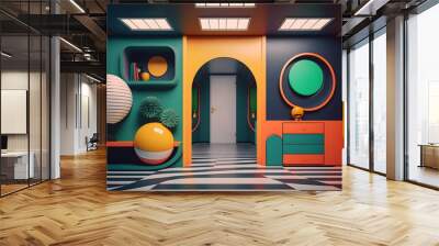 futuristic retro interior room colorful,retro futuristic colorful studio ,generative ai Wall mural